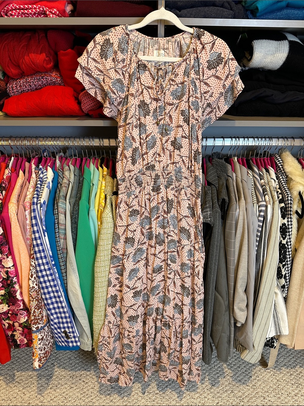 Destination 365 pink/blue floral cap sleeve elastic waist midi dress size XXS